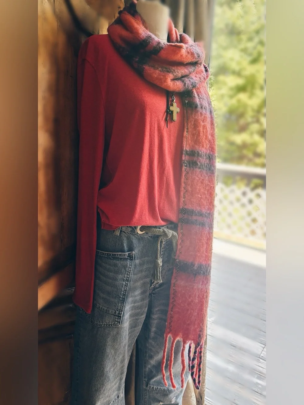 Free People Beaded Plaid Scarf – Pink Combo / NWT